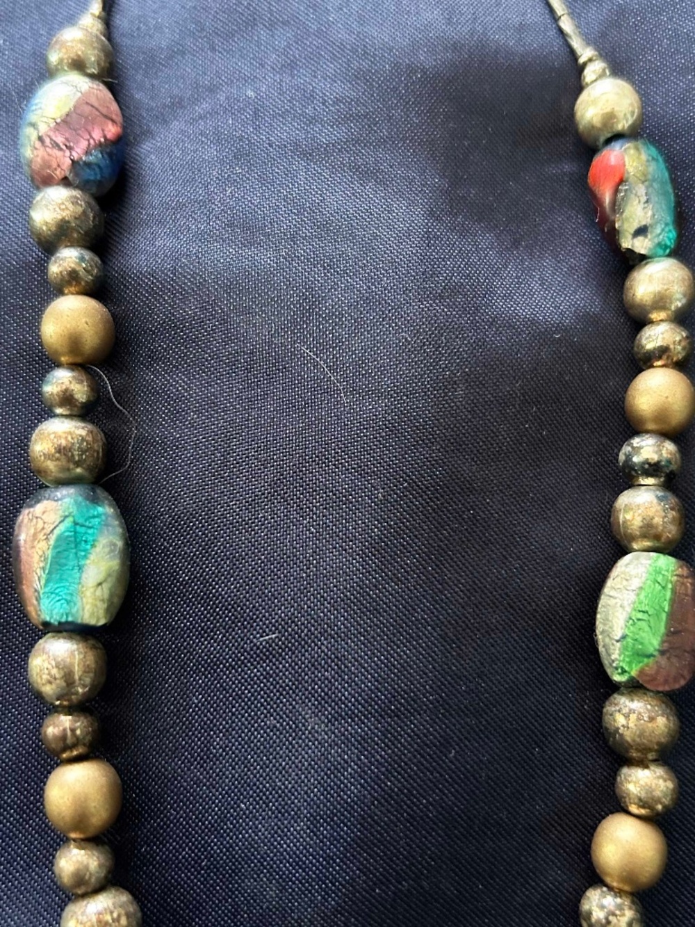 NECKLACE BROWN/GREEN/GOLD LAMPWORK BEADS WITH GOLD TONE BEADS AND GOLD TONE TUBE